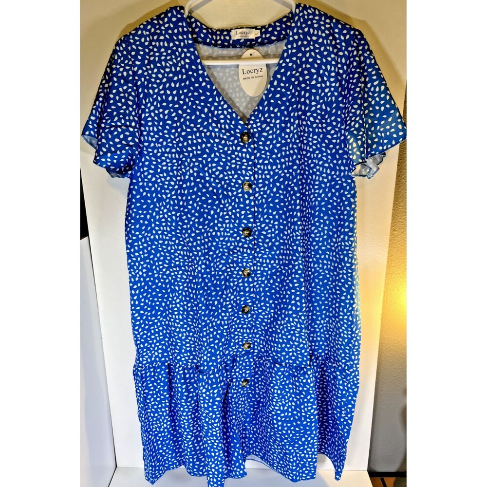 Locryz Womens L NWT Polka Dot V-Neck Button Down Ruffles Loose Mini Dress